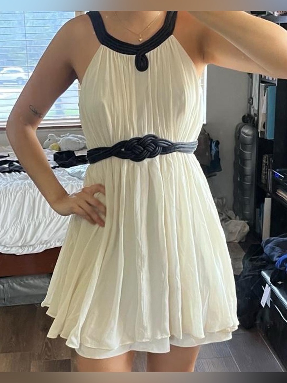 Vintage Nine West Cream and Black Halter Silk Mini Dress